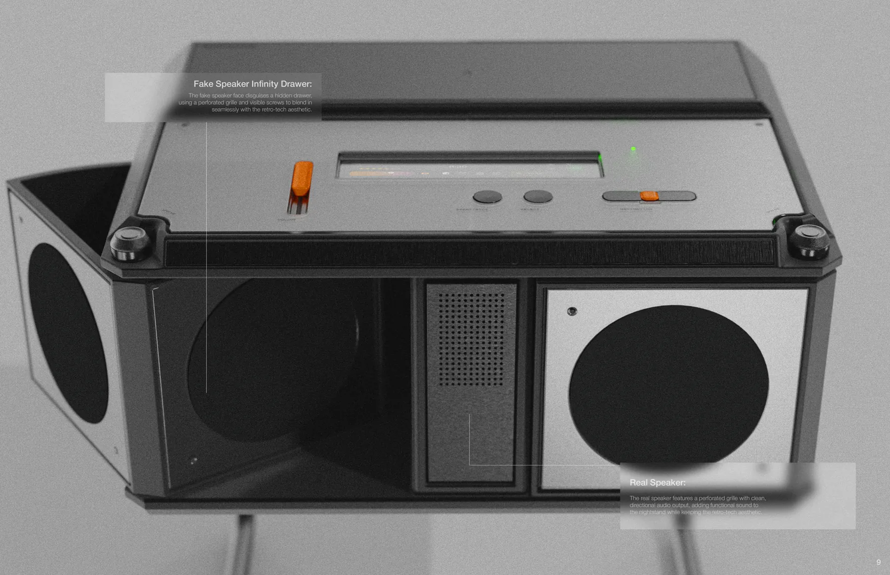 Echostand front view with callouts identifying the fake speaker infinity drawer and the real speaker