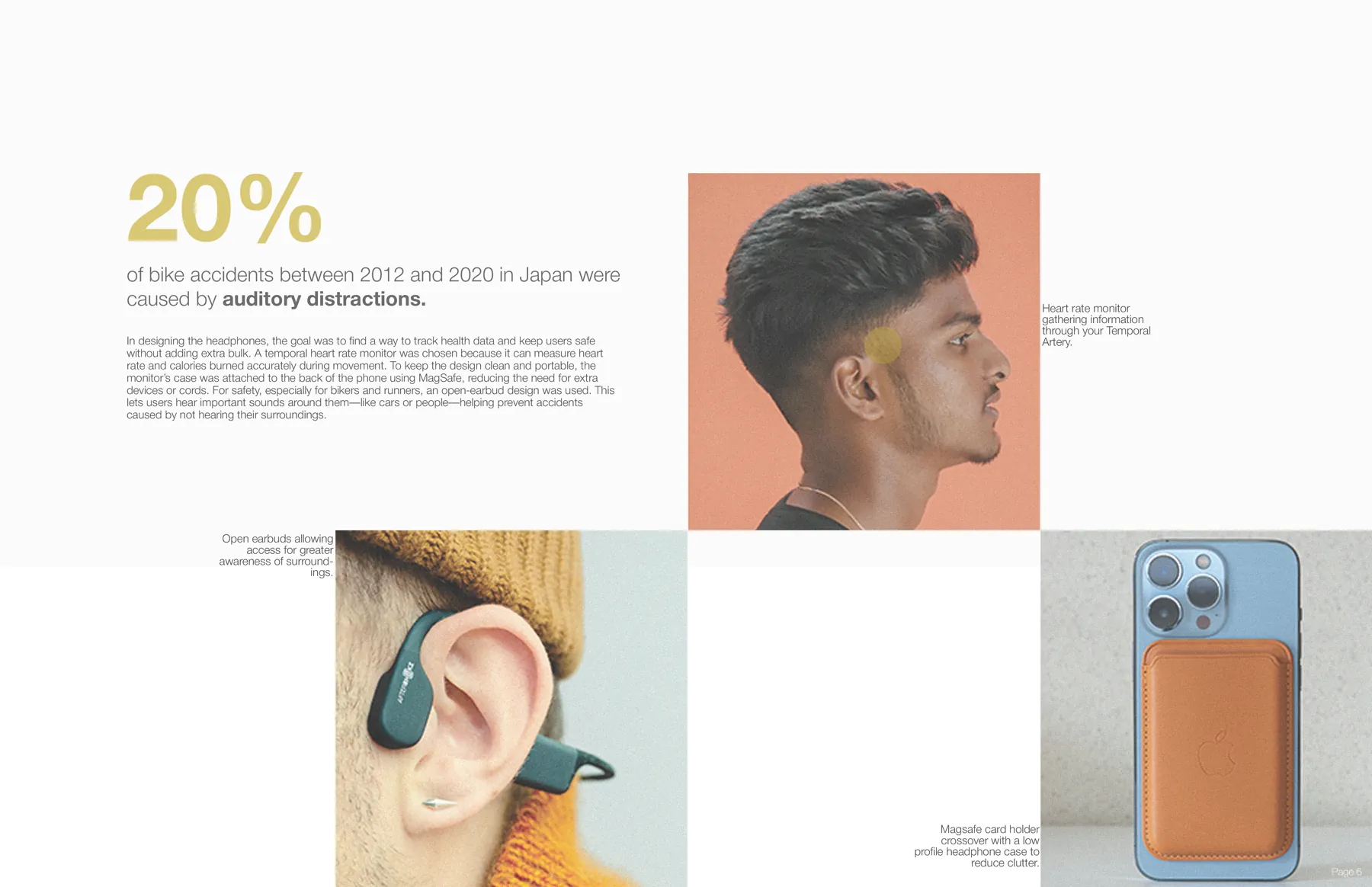 Research board 2, 20% auditory distraction stat, heart rate via temporal artery, open earbud form factor, MagSafe card holder