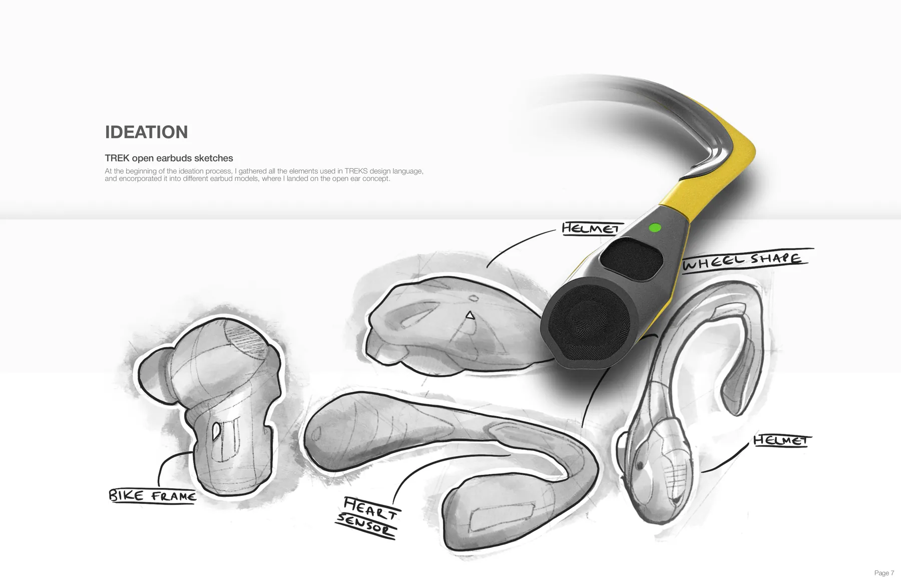 Ideation sketches, Trek design language applied to earbud form