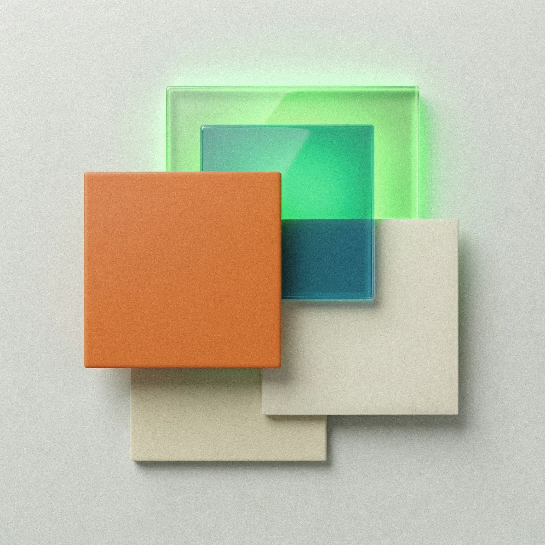 CMF board, swatches, finishes, and the single warm accent in context